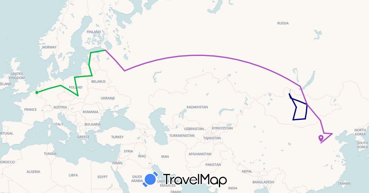 TravelMap itinerary: driving, bus, train in Belgium, China, Germany, Estonia, Lithuania, Latvia, Mongolia, Poland, Russia (Asia, Europe)